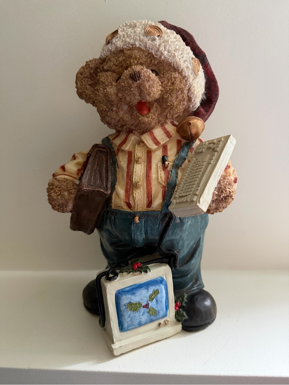 Festive Teddy Bear Figurine in Brown and Blue